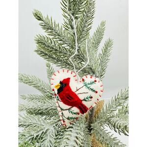 Handmade Felt Heart Christmas Ornament Red Cardinal Bird Embroidered Holiday